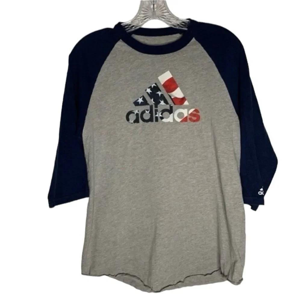 Adidas Blue Gray American Flag 3/4 Sleeve Baseball Graphic Tee Small Mens